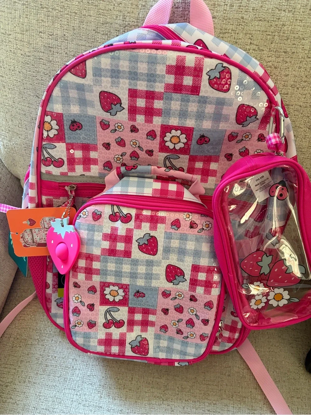 Girls Pink Strawberry Patch Backpack Set with Clear Accessory Pouch